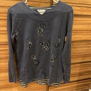 Korean Women Warm Crew Neck Gray Sweater Sparkling Cats & Inner Stripes Lining